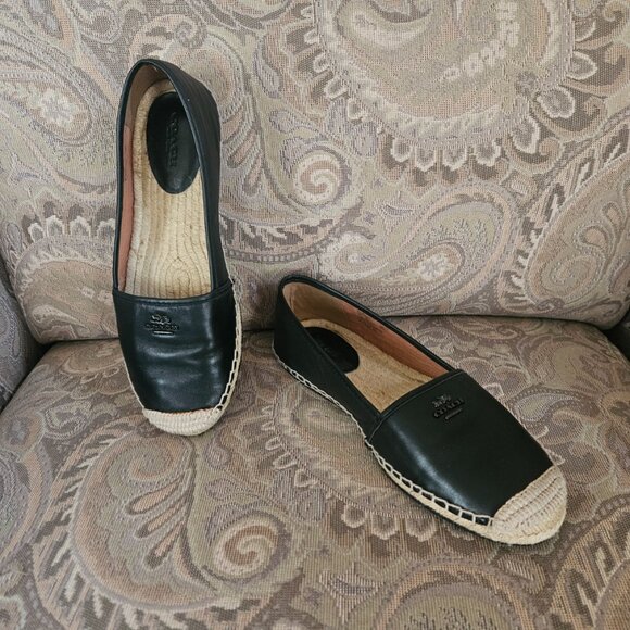 COACH Rhodelle Black Leather Espadrille Flat Loafer Shoes Black Sz  8.5B - Picture 2 of 11
